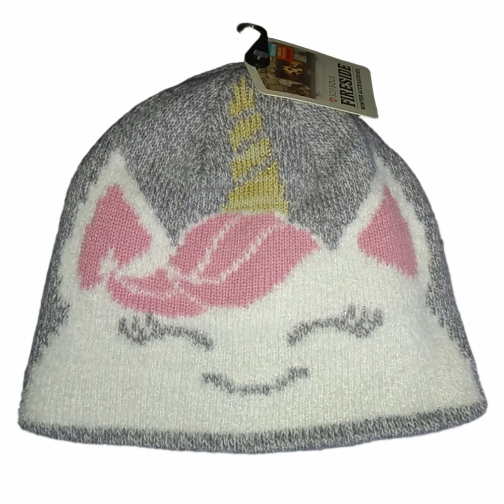 Fireside Youth Gray Unicorn Winter Hat NWT Matching Mittens Included Free